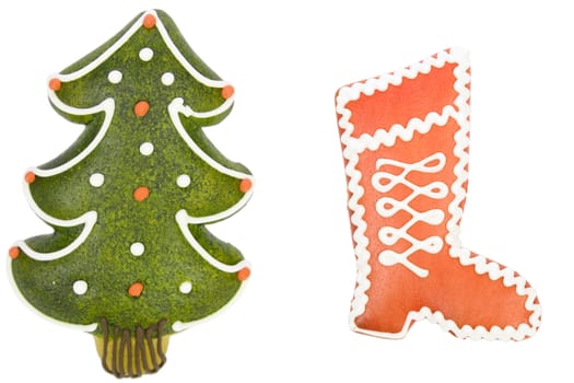 christmas tree and red boot from gingerbread,  x-mas cookies