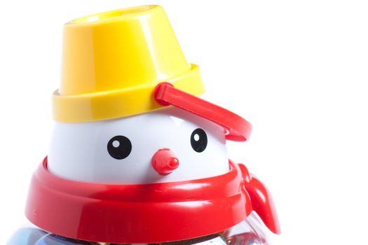 Closeup view of plastic snowman isolated on the white