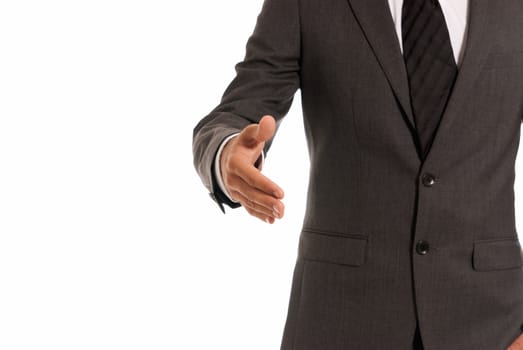 Unrecognizable businessman handshake closeup isolated on white background