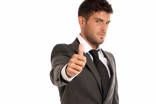 Young businessman ok symbol gesture, isolated on white background. Focused on hand