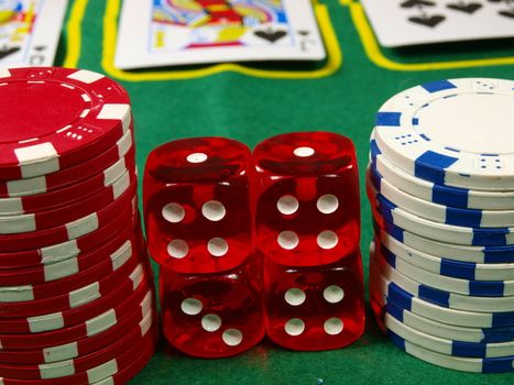 Poker and black jack, with isolated gaming objects, towards green 