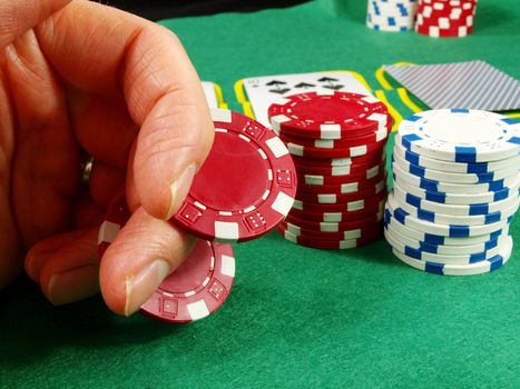 Poker and black jack, with isolated gaming objects, towards green 