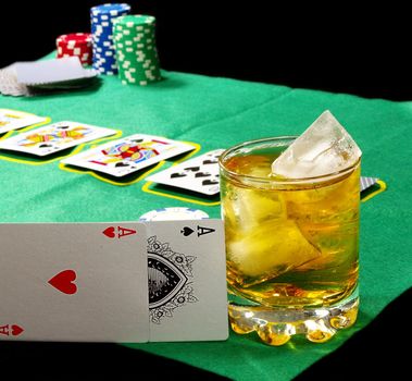 Poker and black jack, with isolated gaming objects, towards green 