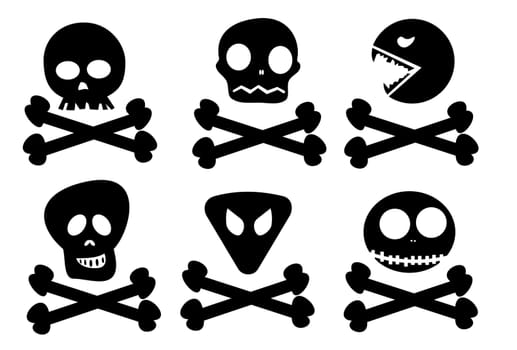 six abstract skulls on crossed bones, black color