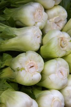 Pile of white and green bok choy at the farmers market