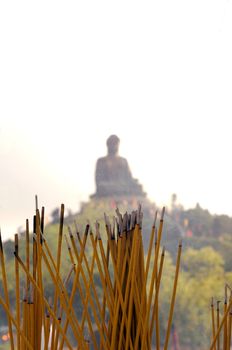 Incense lit in front of the giant buddha ata temple in Hong Kong