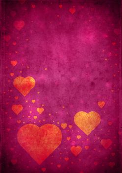 Love themed magenta vintage paper background with hearts and copy space