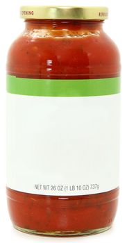 26oz jar of marinara speghetti sauce with blank label for text over white background with clipping path.