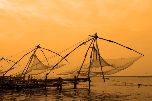 Chinese Fishing nets at fort Cochin on an overcast day