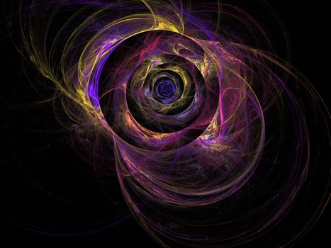 Abstract 3d flower on black background with yellow, blue, violet, purple, blue, pink.