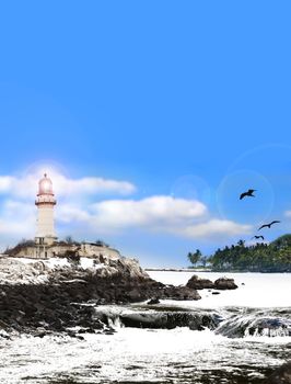 Light house on a snowy coast against blue sky.