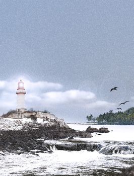 Light house on a snowy coast against grey sky in snow storm.