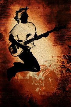 Guitar playing teen over rust colored vintage grunge distressed background illustration.