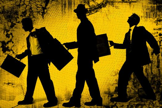 Three business men silhouette  with briefcases walking over abstract grunge background.