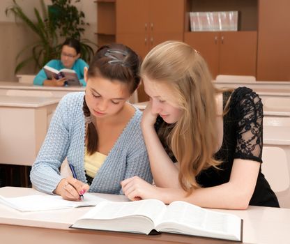 Schoolgirls in class in a classroom