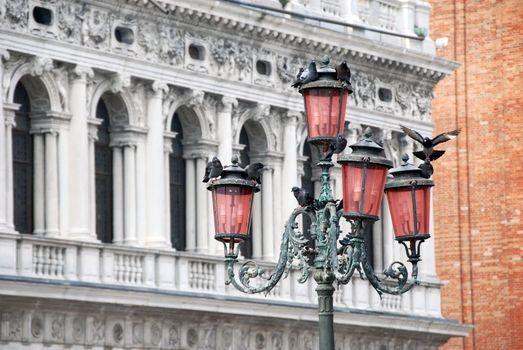 red street lights with pigeons in Venice, Italy