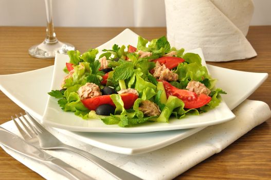 Tuna salad with mint and mixed vegetables with olives