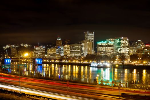 Portland Oregon Waterfront Skyline along Willamette River at Night