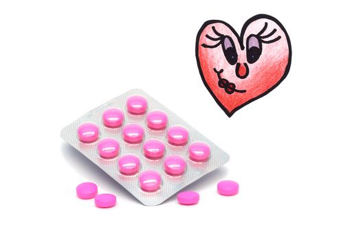 Pink drugs in salary and freely illustrated with a heart on a white background.