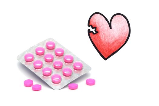 Pink drugs in salary and freely illustrated with a broken heart on a white background.