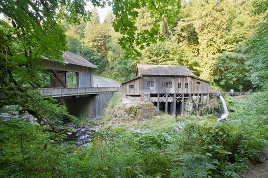 Covered Bridge and Grist Mill Over Cedar Creek in Washington State