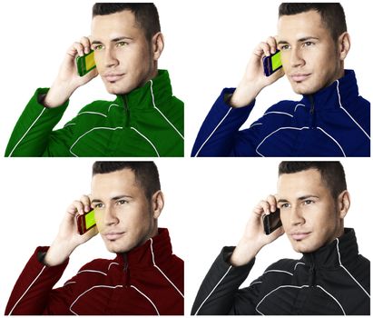 Young man in futuristic clothes with wireless phone in right hand. 4 different colors. Isolated on white background