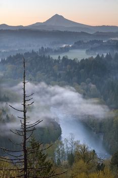 Mount Hood and Foggy Sandy River Valley in Oregon at Sunrise