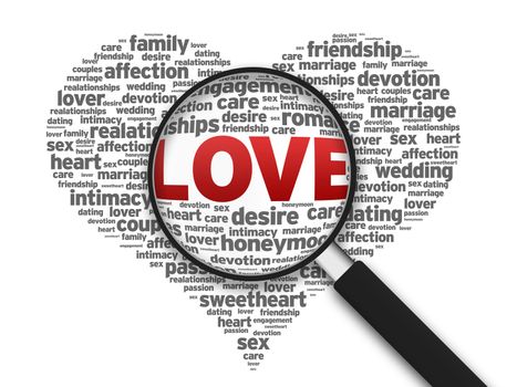 Magnifying Glass with heart shapped illustration on white background