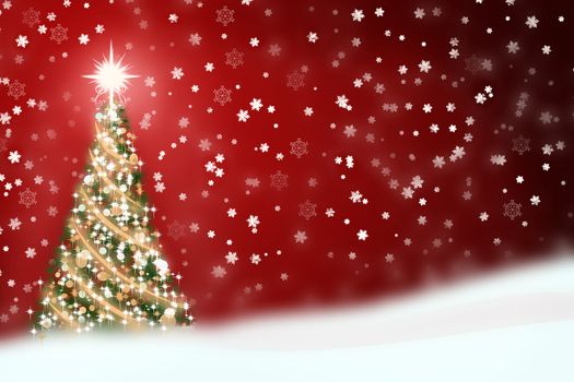 Christmas illustration of a snowy background with lite Christmas tree.