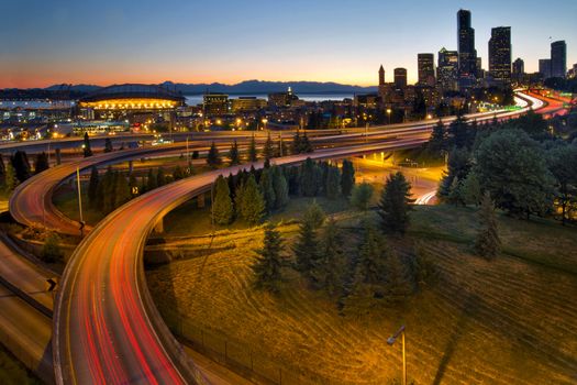 Seattle Washington Downtown City Highway Light Trails at Sunset