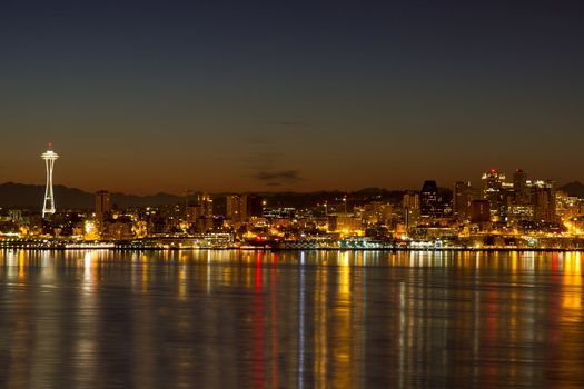 Seattle Washington City Skyline Reflection on Puget Sound at Dawn