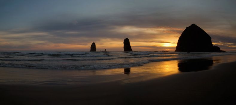 Sunset OVer Haystack Rock on Cannon Beach at Oregon Coast