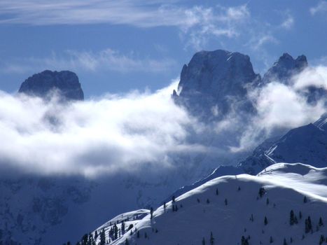 alpine landscape and clouds around the mountains