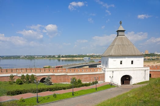 View of  old tower and wall of Kazan Kremlin, Russia.