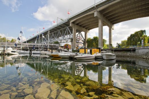 Marina under the Granville Island Street Bridge in Vancouver BC Canada