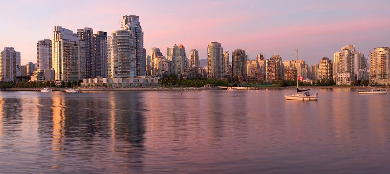 Vancouver BC Canada Skyline along False Creek at Dusk Panorama