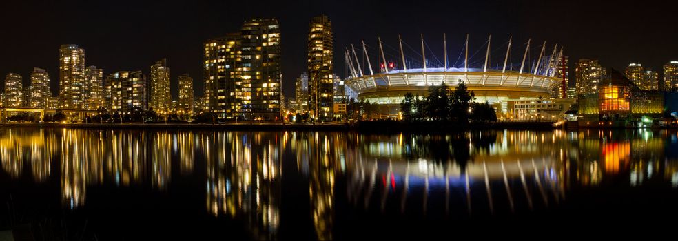 Vancouver BC Canada Skyline along False Creek at Night Panorama