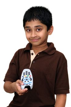 An handsome Indian kid turn off the remote