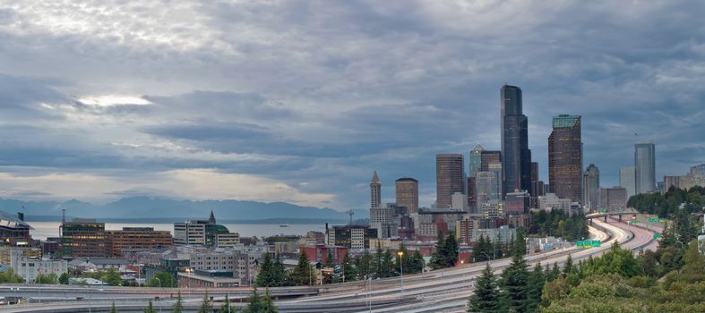 Seattle Washington Downtown Skyline and Freeway Panorama