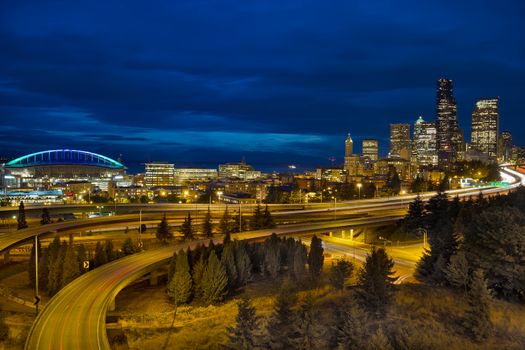 Seattle Downtown Skyline and Freeway Light Trails at Blue Hour