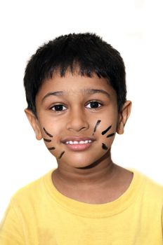 An handsome Indian kid happy with whiskers on face