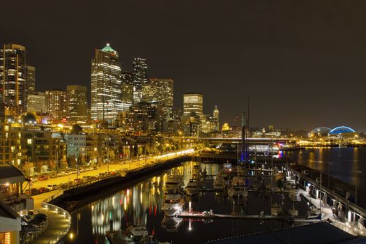Seattle Washington Downtown Waterfront Skyline at Night Reflection