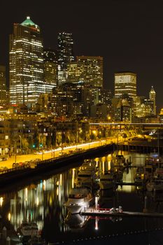 Seattle Washington Downtown Waterfront Skyline at Night