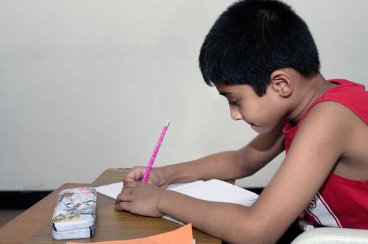 An handsome Indian kid doing home work