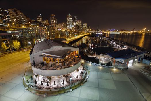 Seattle Downtown Skyline and Marina by the Pier at Night