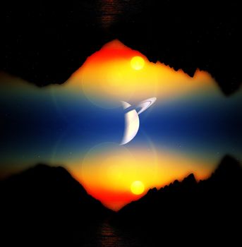 A view of a landscape and sky of an alien world.