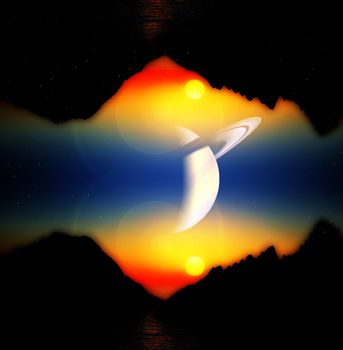 A view of a landscape and sky of an alien world.