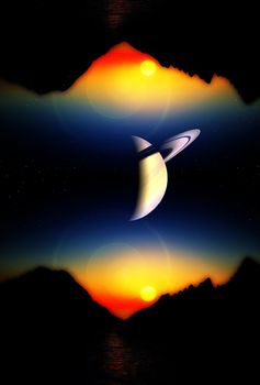 A view of a landscape and sky of an alien world.