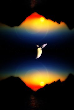 A view of a landscape and sky of an alien world.