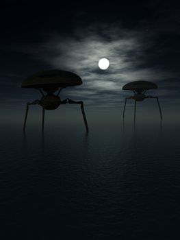 A set of alien tripods in a dark moonlit ocean scene.
